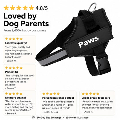 Black dog harness with 'Paws' branding, surrounded by customer reviews on a white background.
