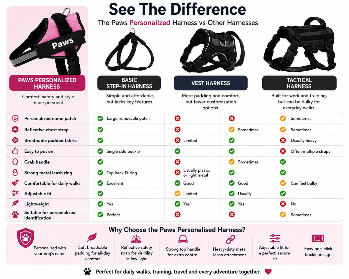 Comparison chart of different types of dog harnesses with 'Paws Personalized Harness' highlighted.