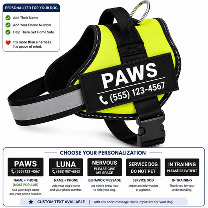 Dog harness with reflective strip and customizable text on a white background