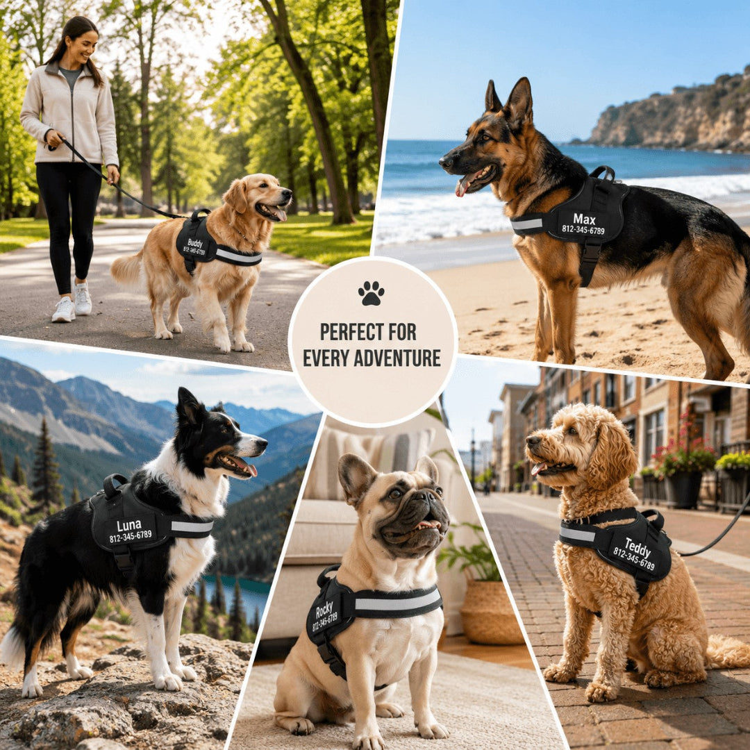 Collage of dogs wearing harnesses in various outdoor settings with text 'Perfect for Every Adventure'.