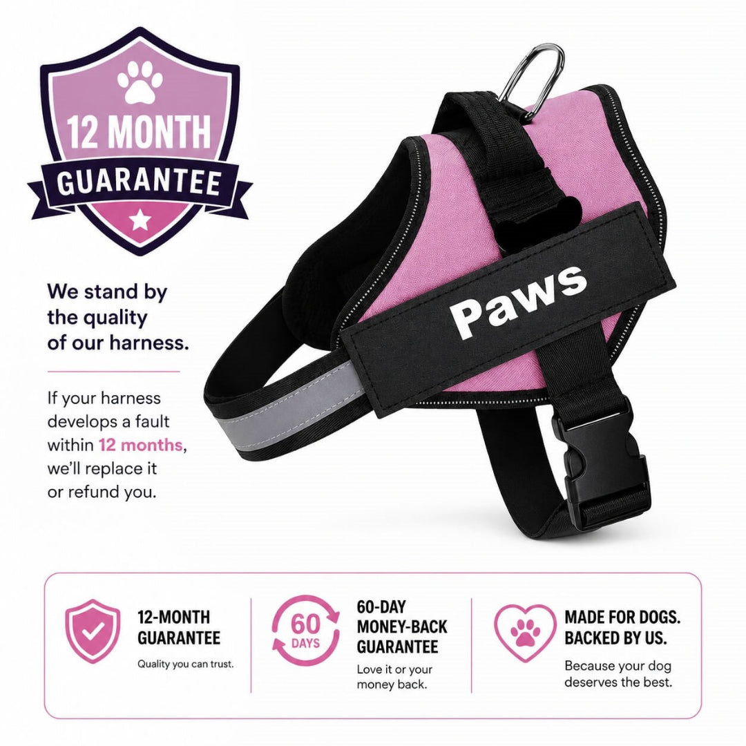 Pink dog harness with 'Paws' branding on a white background, featuring a 12-month guarantee.