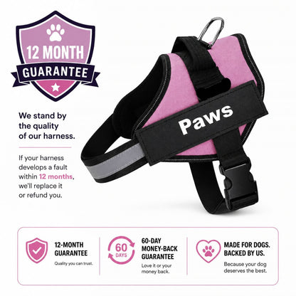 Pink dog harness with 'Paws' branding on a white background, featuring a 12-month guarantee.