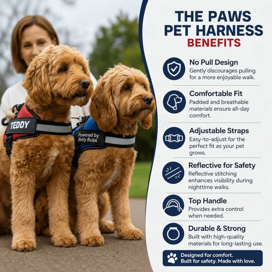 Two dogs wearing pet harnesses with a woman in the background, and text detailing the benefits of the harnesses.