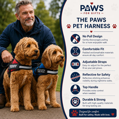A promotional graphic for the Paws For Gifts 'The Paws Pet Harness'. On the left, a man wearing a navy jacket sits with two golden retriever dogs, one wearing a blue harness labeled 'Paws For Gifts Teddy'.