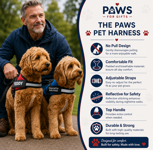A promotional graphic for the Paws For Gifts 'The Paws Pet Harness'. On the left, a man wearing a navy jacket sits with two golden retriever dogs, one wearing a blue harness labeled 'Paws For Gifts Teddy'.