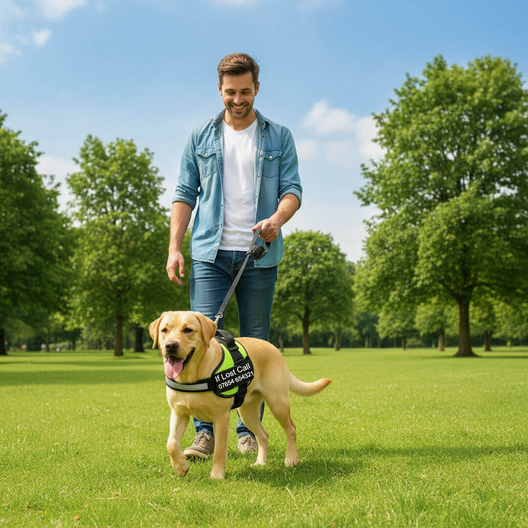 Dog owner walking calmly with Labrador wearing personalized no-pull harness