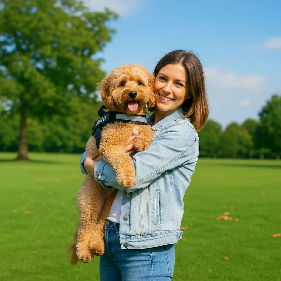 Dog owner with dogs wearing personalized no-pull harnesses